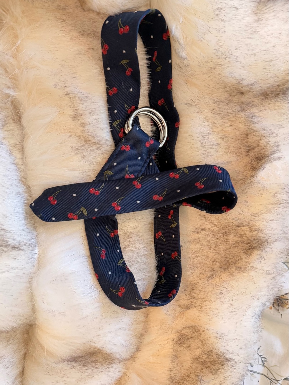 J. Crew Navy Cherry Print Fabric Belt with Silver Double D-Rings